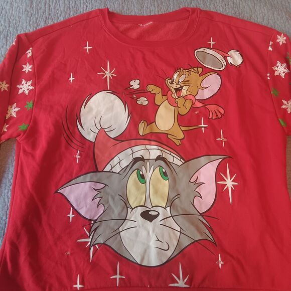 Tom and Jerry Light up Ugly Christmas pullover Sweater Red Graphic Print M/L - Picture 3 of 9